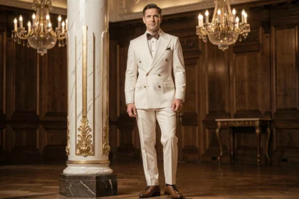 Homme élégant en costume blanc double boutonnage style années 30 avec nœud papillon en soie dans un grand salon art déco pour une soirée Gatsby