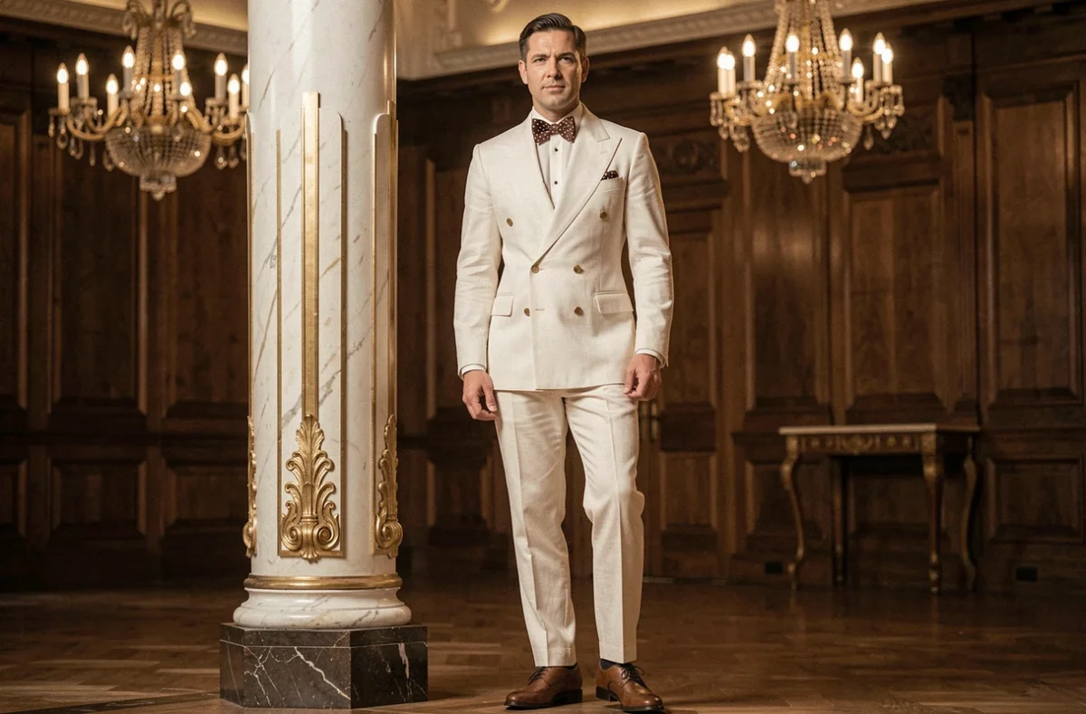 Homme élégant en costume blanc double boutonnage style années 30 avec nœud papillon en soie dans un grand salon art déco pour une soirée Gatsby