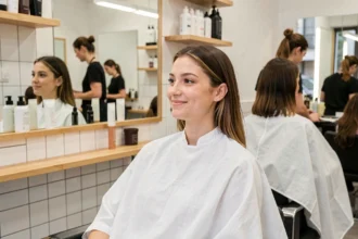 Jeune femme satisfaite après une coupe de cheveux dans un salon Bob Ricard, reflétée dans un grand miroir