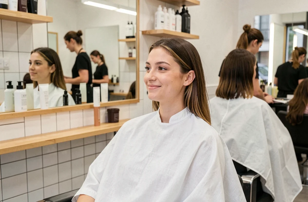 Jeune femme satisfaite après une coupe de cheveux dans un salon Bob Ricard, reflétée dans un grand miroir