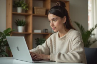 Créatrice de contenu assise à son bureau consultant une plateforme de contenu en ligne sur son ordinateur portable