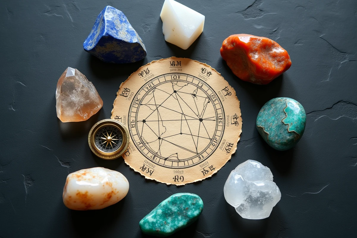 Vue de dessus d'une collection de cristaux disposés en cercle zodiacal sur une ardoise avec une carte astrologique