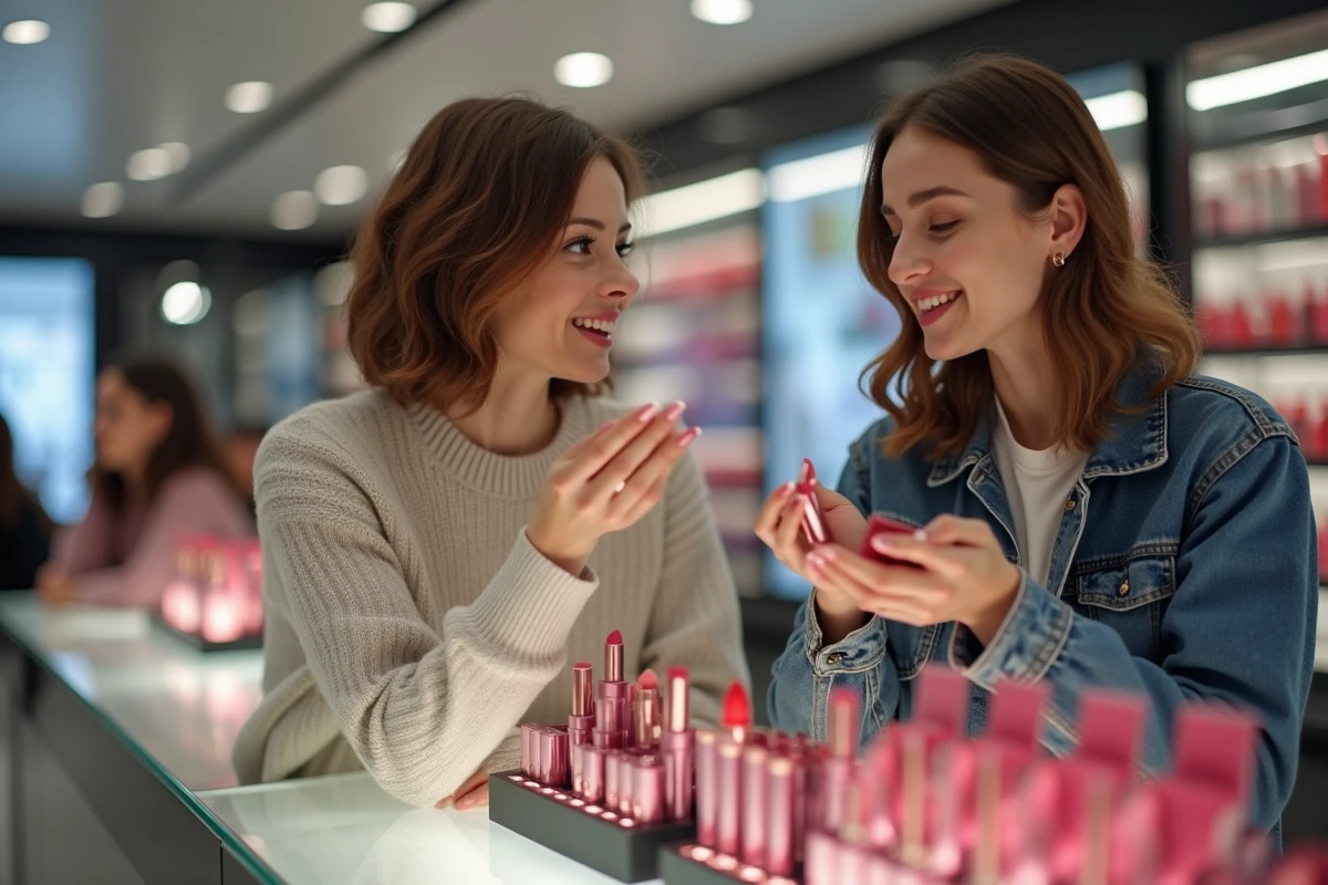 Deux femmes discutant de rouges à lèvres dans un magasin de beauté