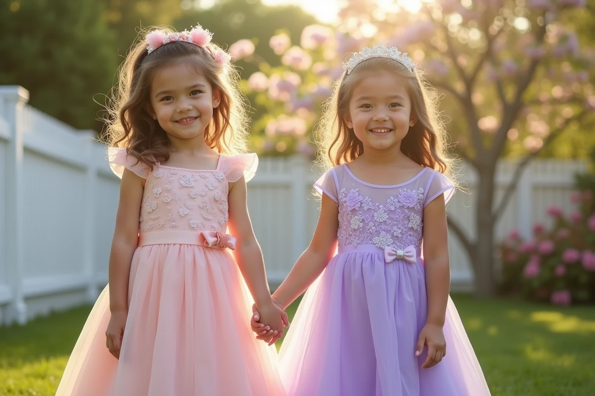 Deux filles en robes de princesse dans un jardin ensoleille