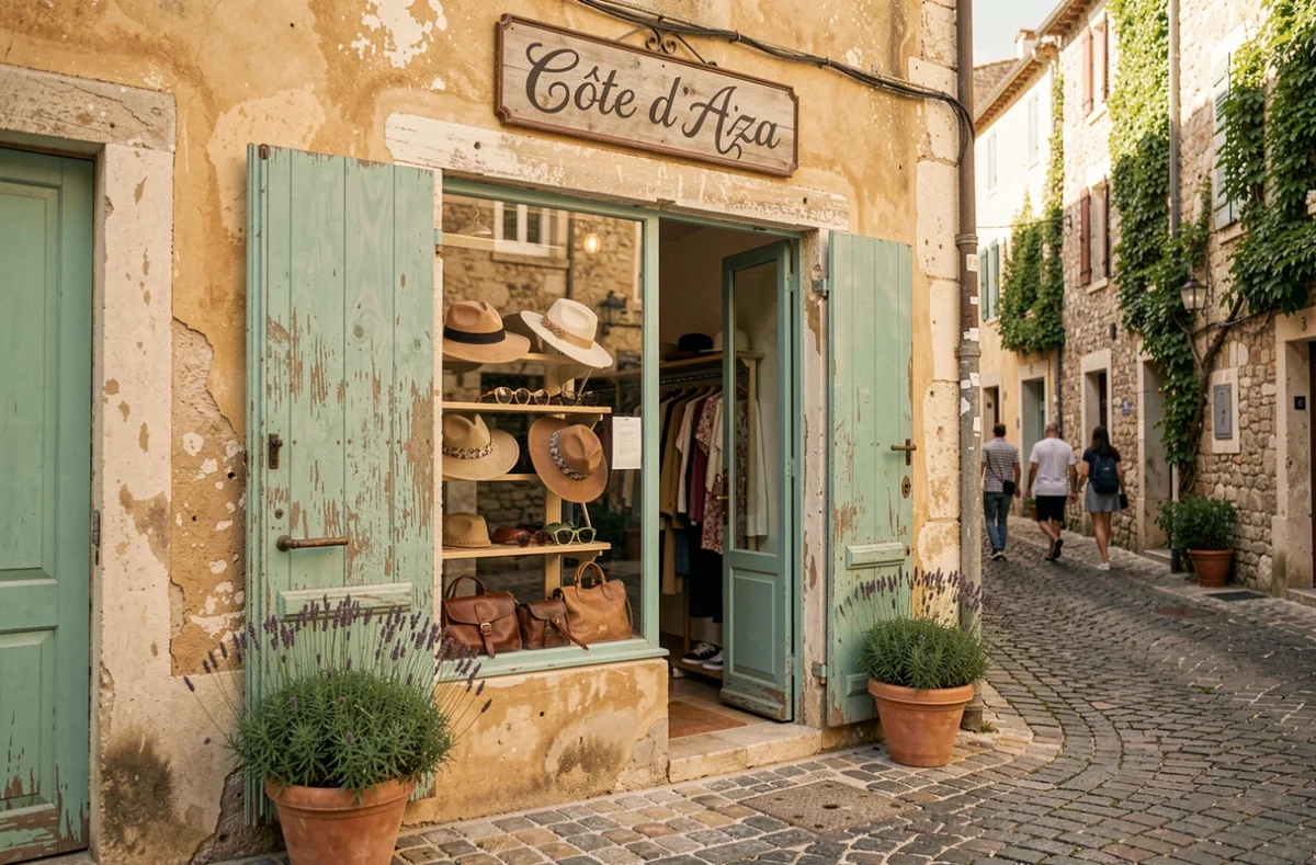 Devanture d'une boutique vintage provençale sur une rue pavée ensoleillée avec lavande et objets rétro en vitrine