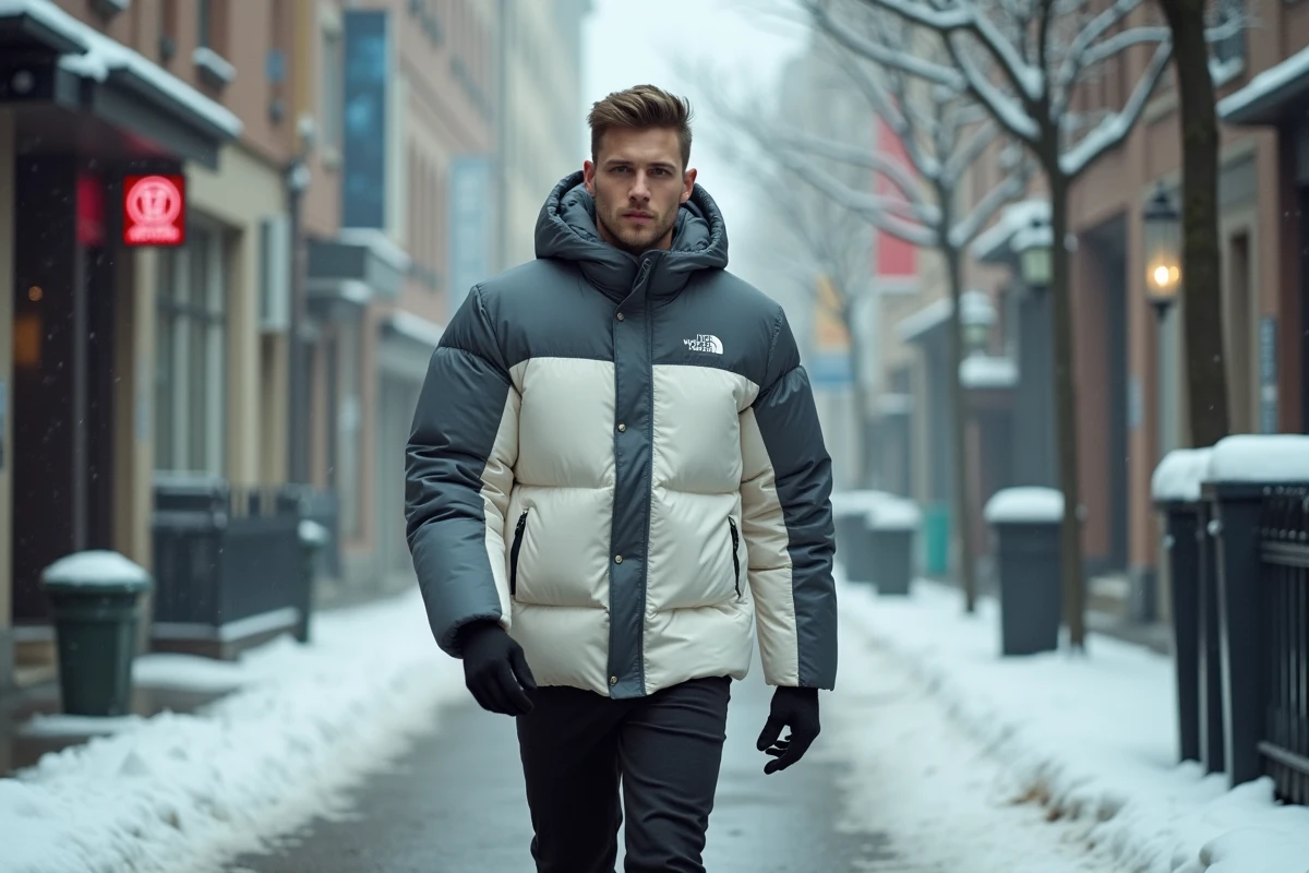 Homme marchant dans une rue pavée hivernale avec une doudoune streetwear color-block blanc cassé et gris ardoise col cheminée