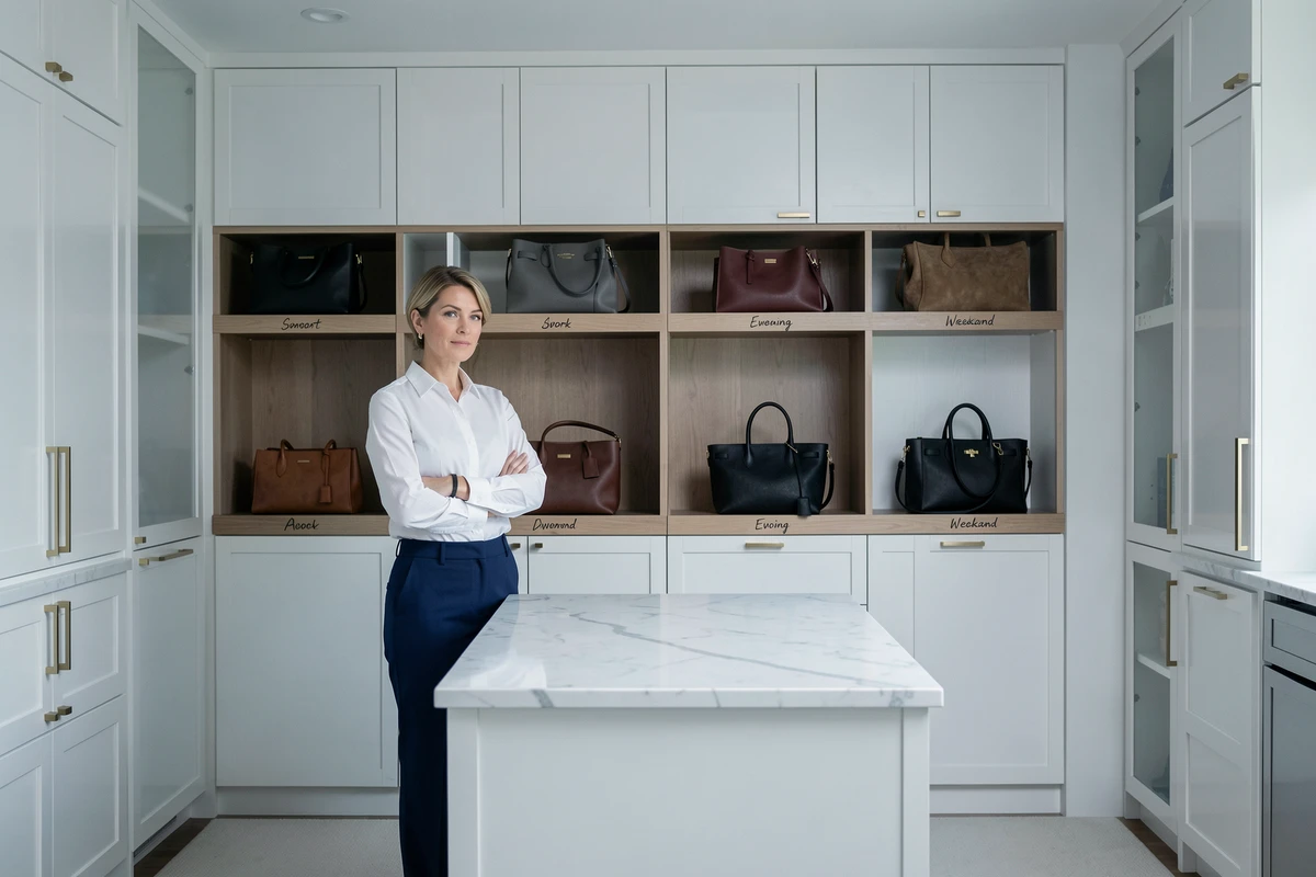 Femme organisée devant une rangée de sacs classifiés par usage dans un dressing épuré et minimaliste