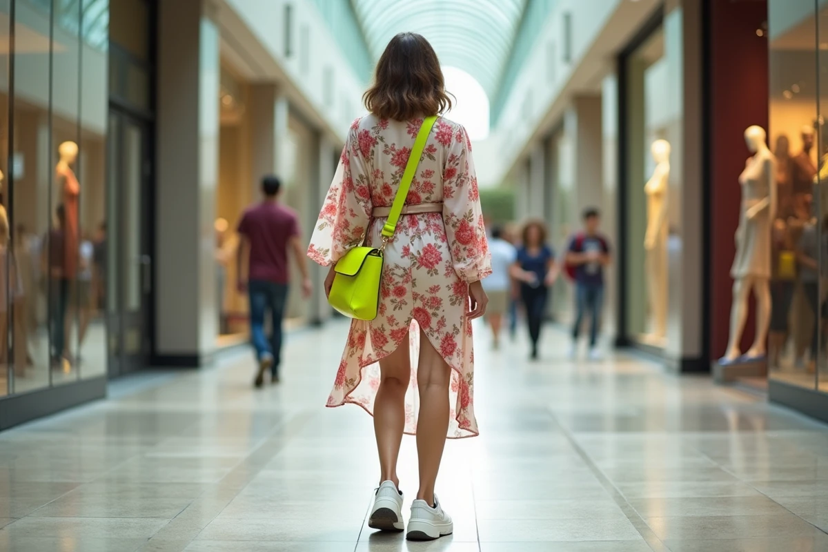 Femme en robe courte fleurie avec des erreurs de style comme des sneakers compensées et un sac néon dans une rue commerçante moderne