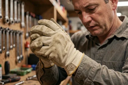 Homme en atelier testant l'ajustement de gants de travail en cuir beige sur ses mains