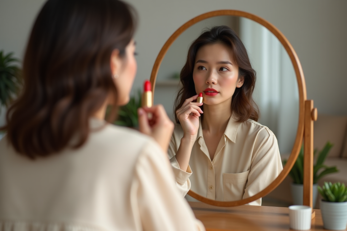 Femme appliquant rouge a levre devant miroir dans chambre douce