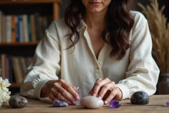 Femme arrangeant plusieurs cristaux et pierres précieuses sur une table en bois selon son signe astrologique