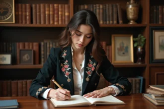 Femme en blazer brodée sketchant dans son atelier