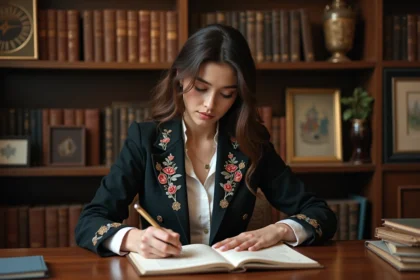 Femme en blazer brodée sketchant dans son atelier