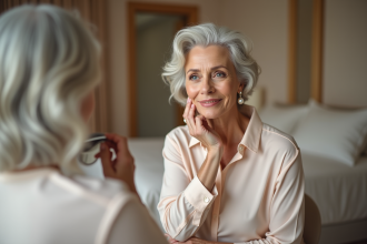 Femme élégante examine son maquillage dans un miroir