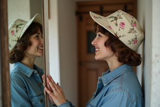 Femme ajustant un bonnet floral en intérieur cosy
