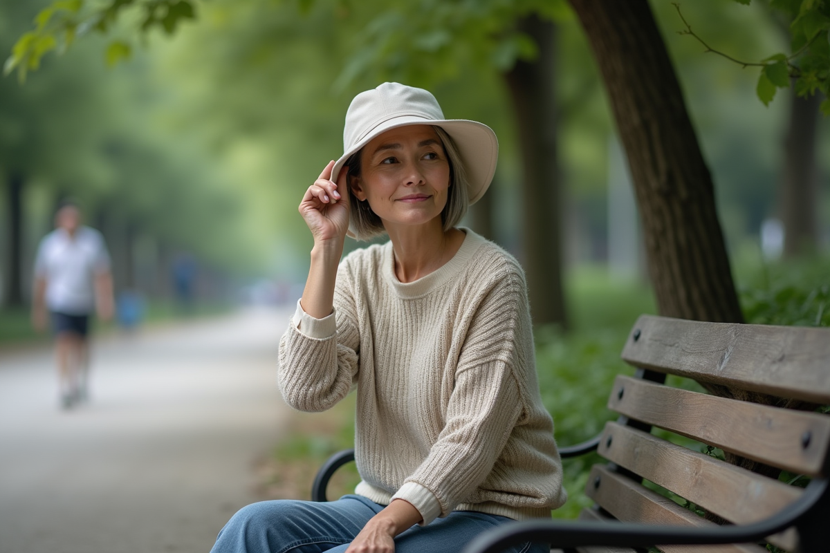 Femme en bonnet en lin dans un parc urbain