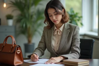 Femme en blazer vintage dans un bureau professionnel