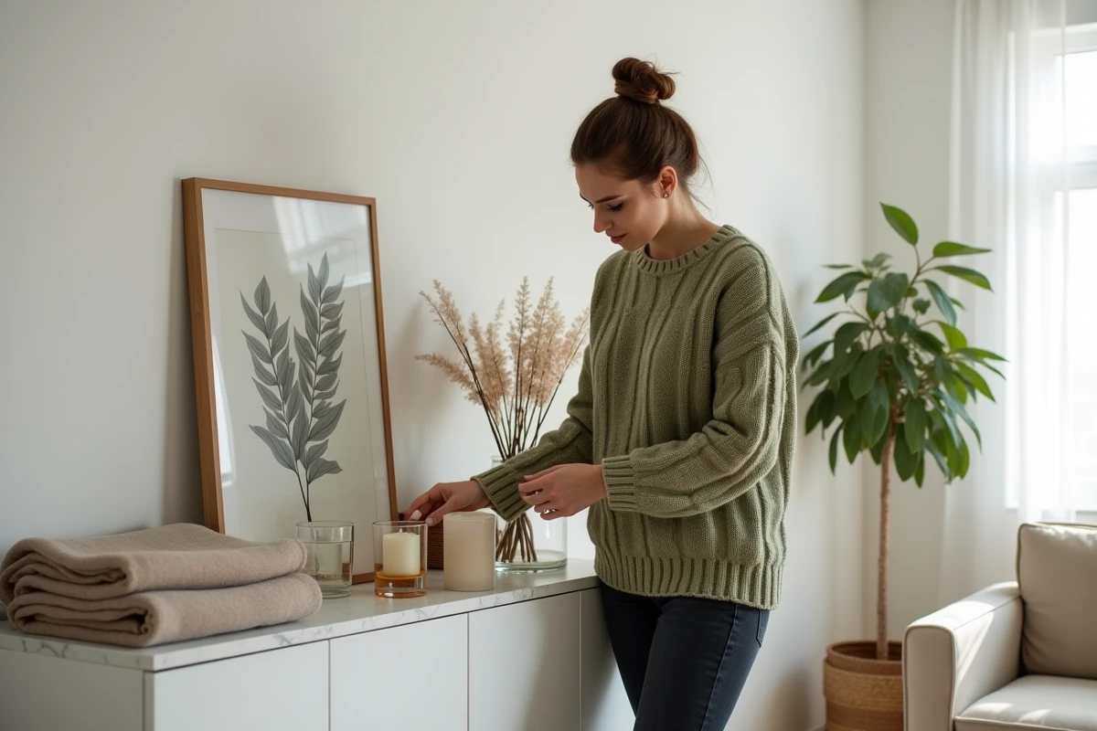 Femme arrangeant des cadeaux pour la maison comme des bougies parfumées et un plaid cachemire sur un buffet en marbre dans un salon scandinave