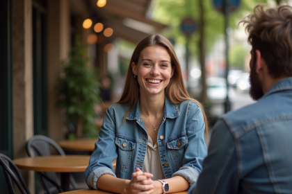 Jeune femme souriante dans un café urbain en extérieur