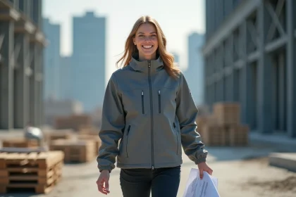 Femme souriante portant veste softshell sur chantier moderne