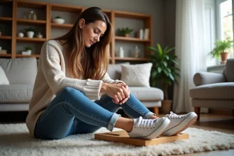 Femme assise sur un tapis avec une chaussure à étirer