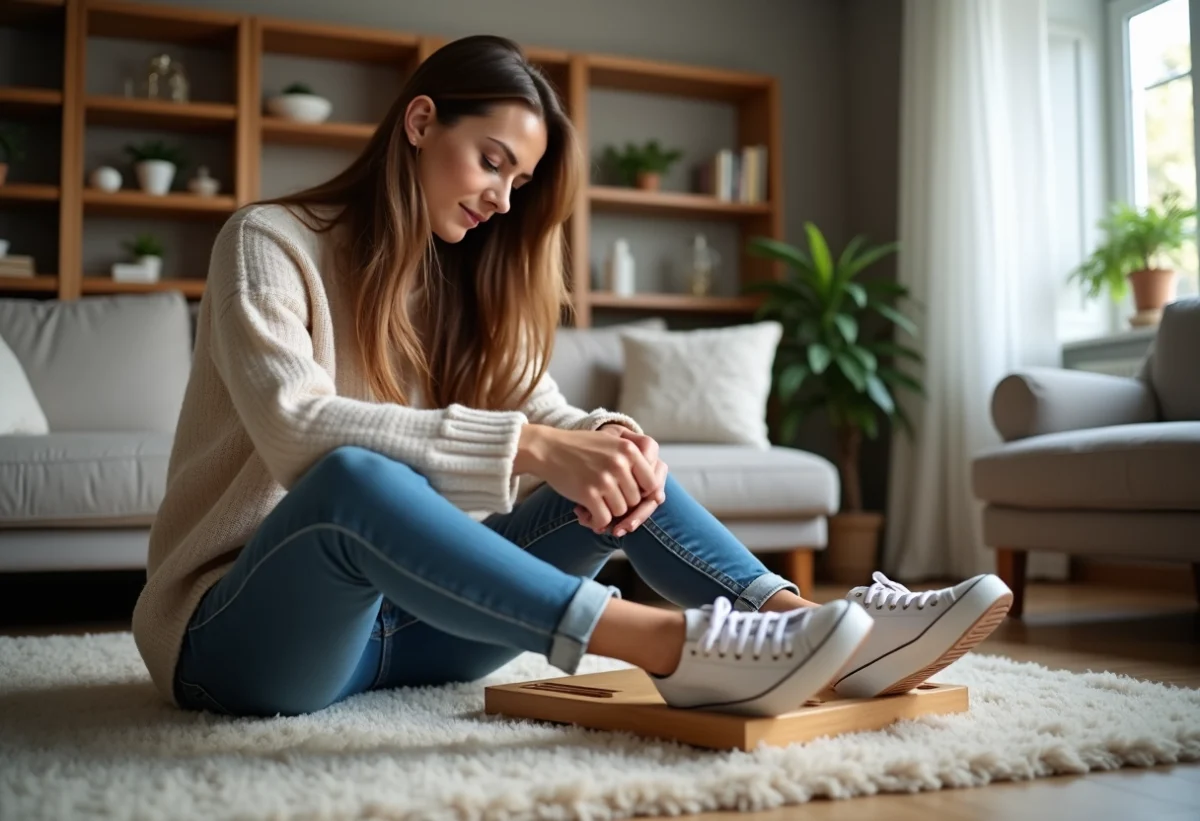 Femme assise sur un tapis avec une chaussure à étirer
