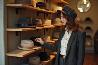 Femme élégante dans une boutique de chapeaux chic