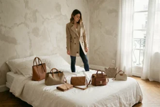 Jeune femme contemplant plusieurs sacs à main de styles différents étalés sur un lit dans un appartement parisien minimaliste