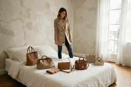Jeune femme contemplant plusieurs sacs à main de styles différents étalés sur un lit dans un appartement parisien minimaliste