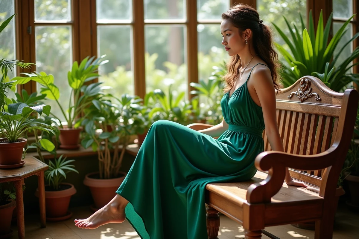 Jeune femme en robe verte dans un conservatoire lumineux