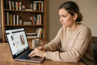 Femme consultant le site The Bradery sur son ordinateur portable, évaluant les offres et lisant des avis en ligne depuis son bureau à domicile