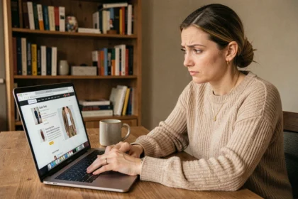 Femme consultant le site The Bradery sur son ordinateur portable, évaluant les offres et lisant des avis en ligne depuis son bureau à domicile