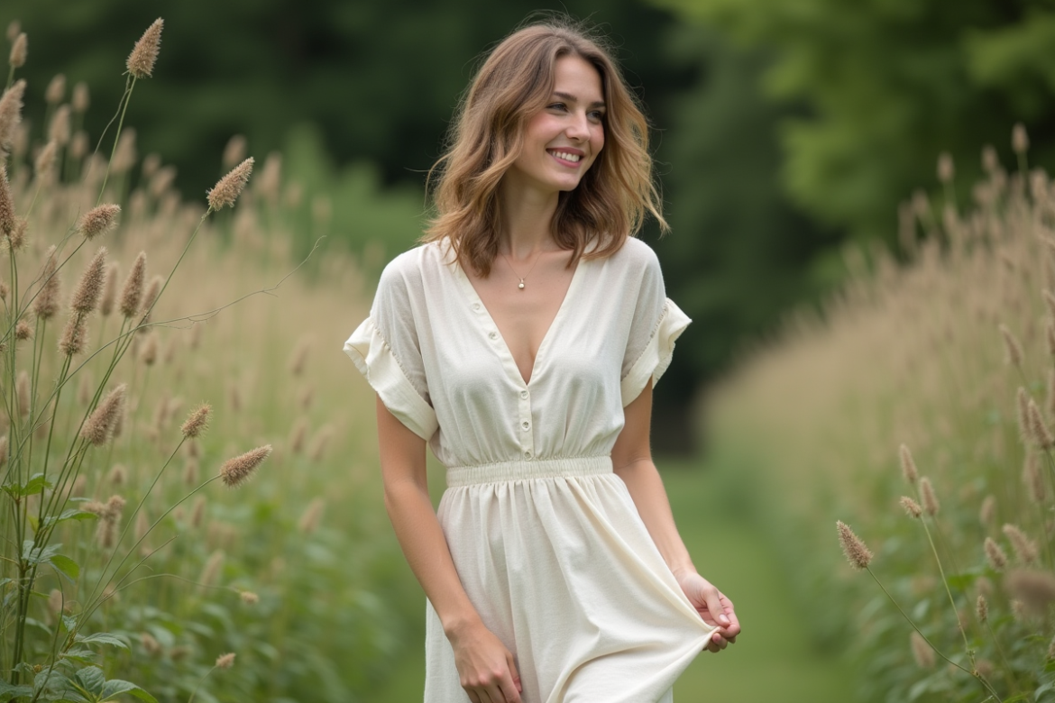 Jeune femme en robe de lin bio dans un jardin naturel