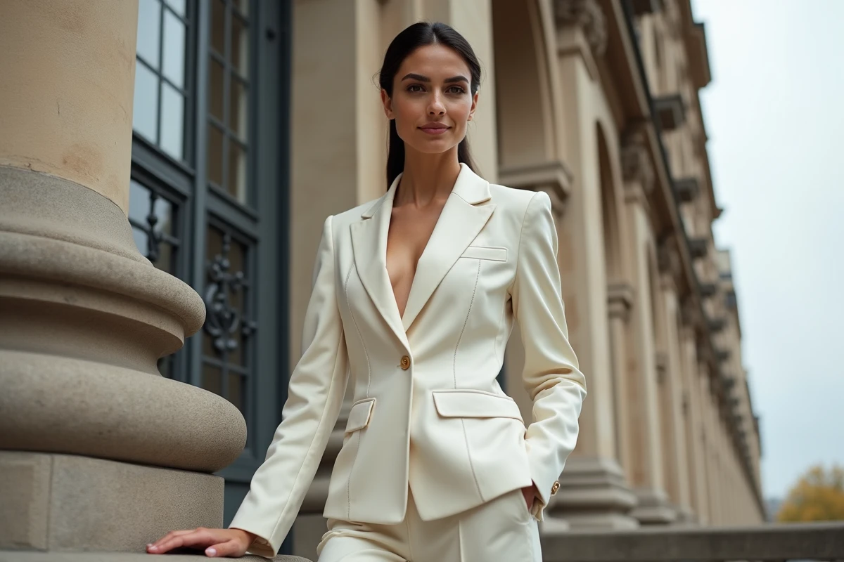 Femme élégante en blazer structuré ivoire devant une façade haussmannienne parisienne emblématique