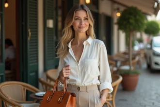 Femme élégante avec blouse blanche et sac Charm beige