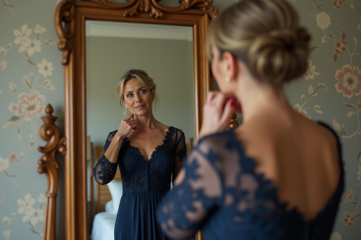 Femme élégante ajustant son chignon devant un miroir de chambre