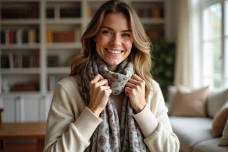 Femme élégante arrangeant une écharpe en soie dans un salon lumineux