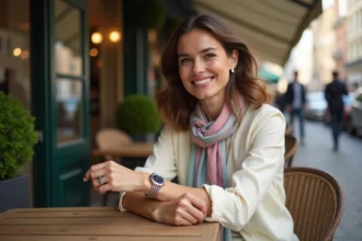Femme élégante portant une montre luxe dans un café urbain