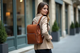 Femme élégante portant un sac à dos en cuir cognac à bretelles ergonomiques devant un immeuble de bureaux parisien