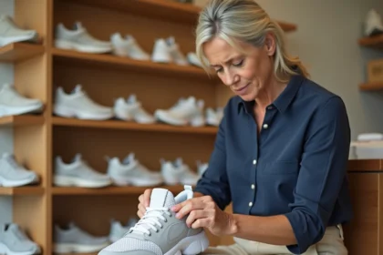 Femme d'âge mûr essayant une basket confortable à large embout dans un magasin de chaussures orthopédiques