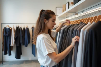 Femme examinant l'étiquette d'un vêtement de marque Sonstiges dans une boutique moderne aux murs blancs