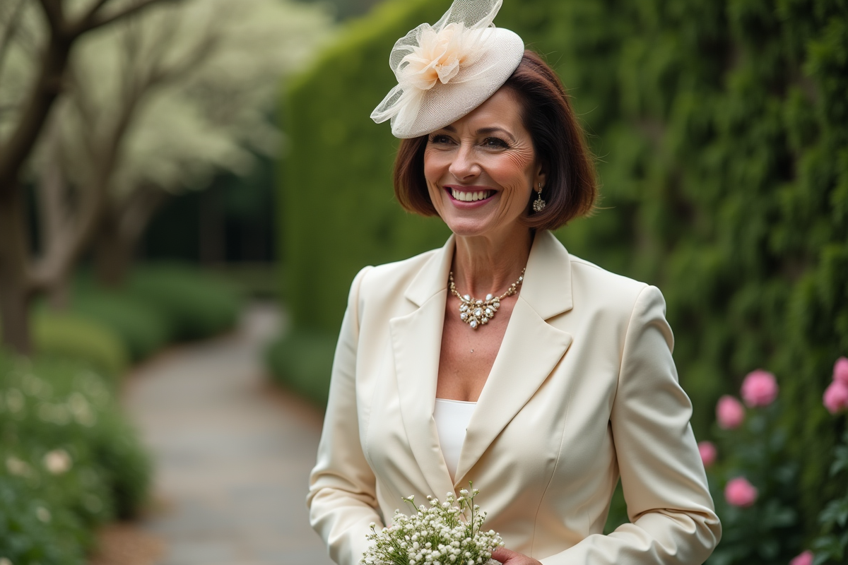 Femme souriante en jardin avec bouquet