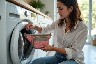 Femme plaçant un sac banane coloré dans la machine à laver