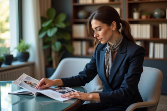 Femme élégante en tailleur navy dans un bureau moderne