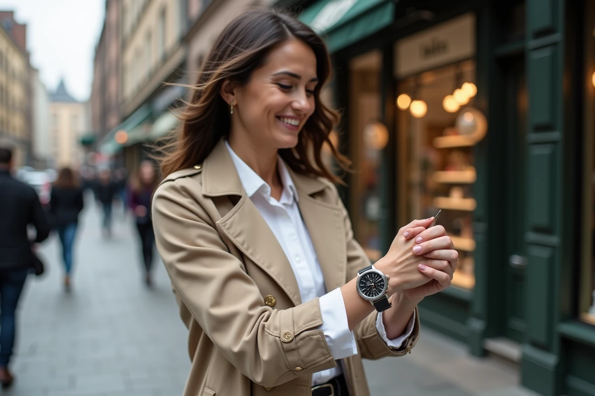 Femme souriante regardant sa montre Rolex Bruce Wayne en ville