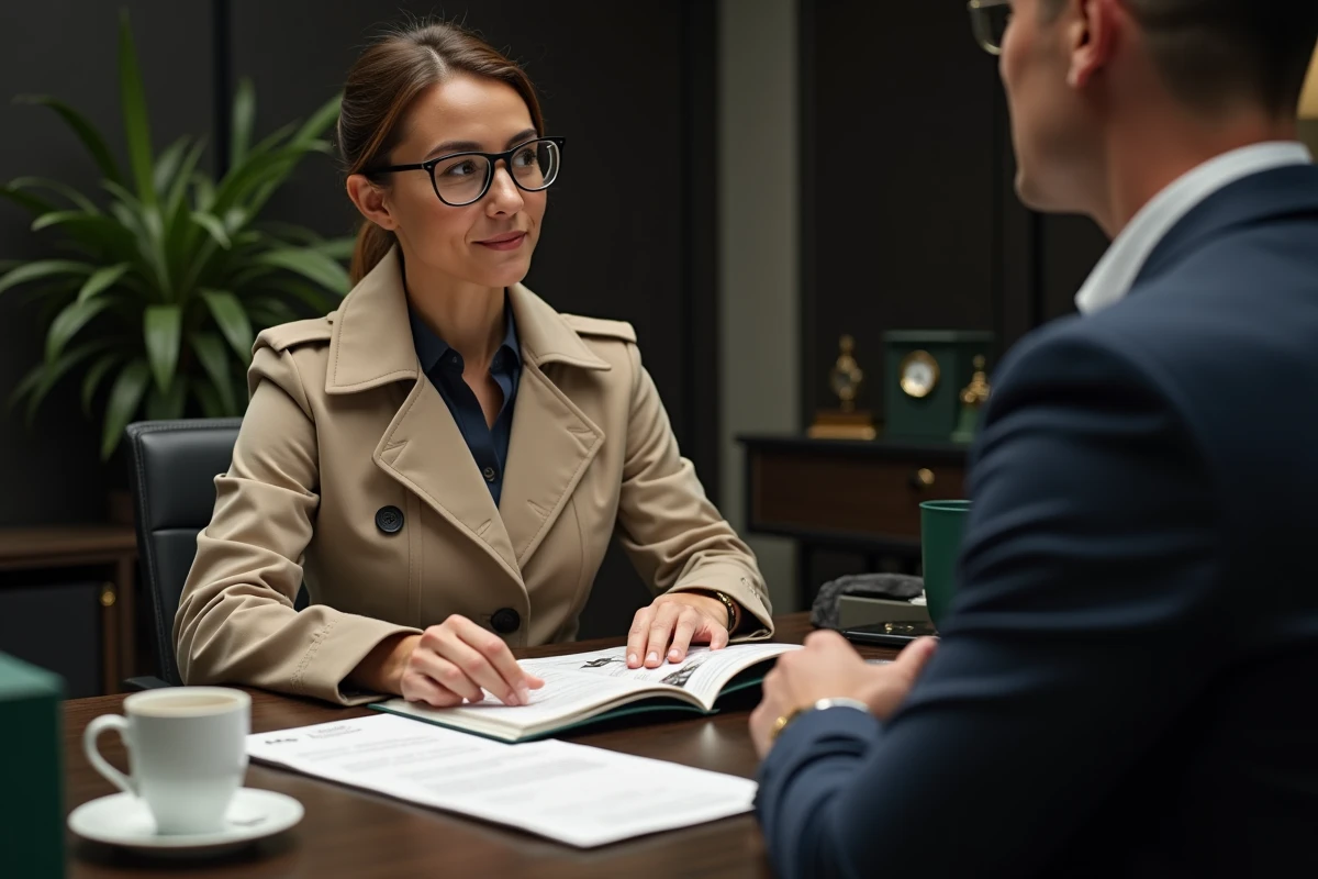 Une femme négocie le prix d'une Rolex avec un vendeur spécialisé lors d'une consultation privée dans une boutique de luxe