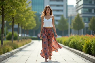 Femme marchant dans un parc urbain avec pantalon vibrant