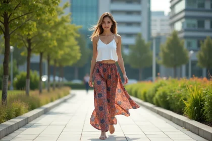 Femme marchant dans un parc urbain avec pantalon vibrant
