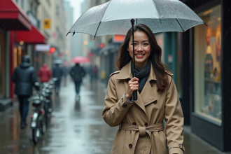 Femme souriante en trench beige sous la pluie en ville