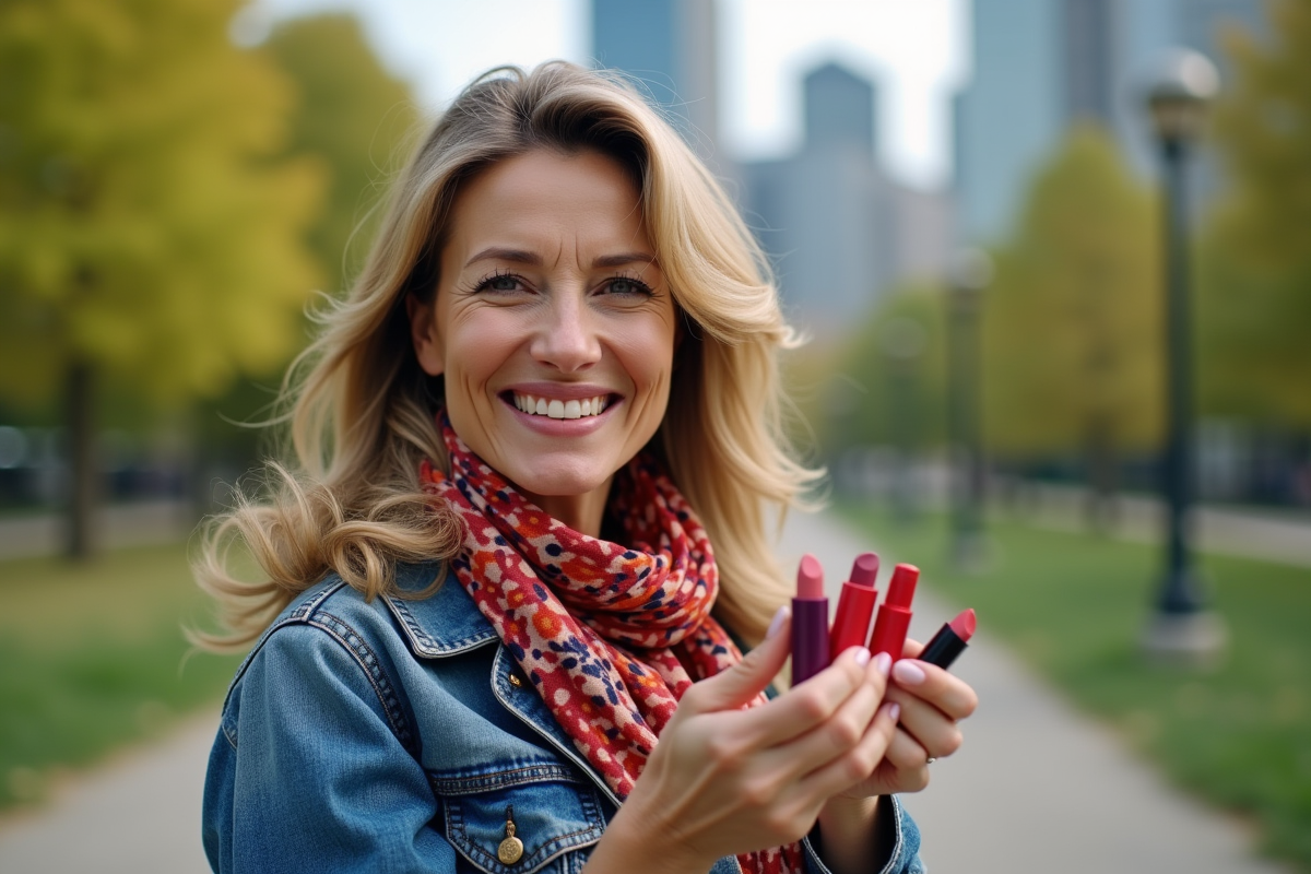 Femme souriante avec rouges à lèvres dans un parc urbain